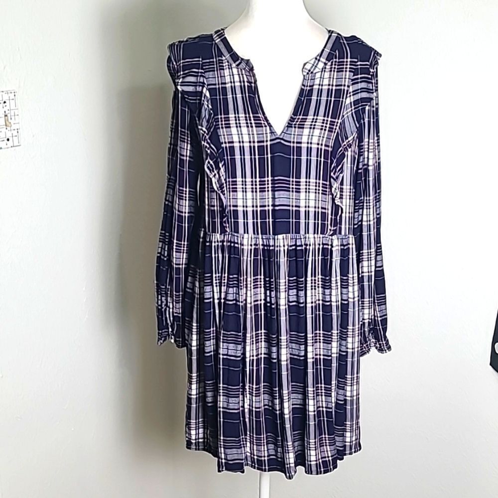 LOFT Navy Blue & White Plaid  Mini-Dress, V-neck, Ruffles, Longsleeves, Sz Med
